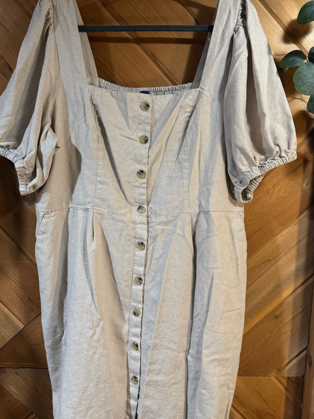 Button-Front Square Neck Dress in Light Beige